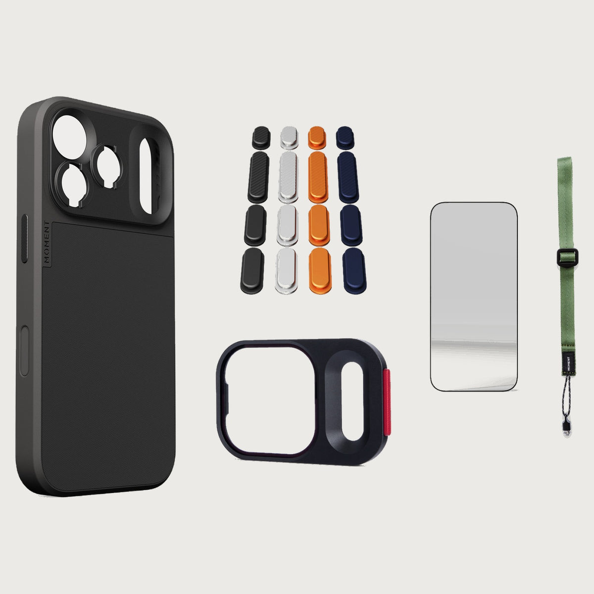 iphone-17-pro-case-essentials — Black case, Apple 2025 Pack, Olive wrist strap
