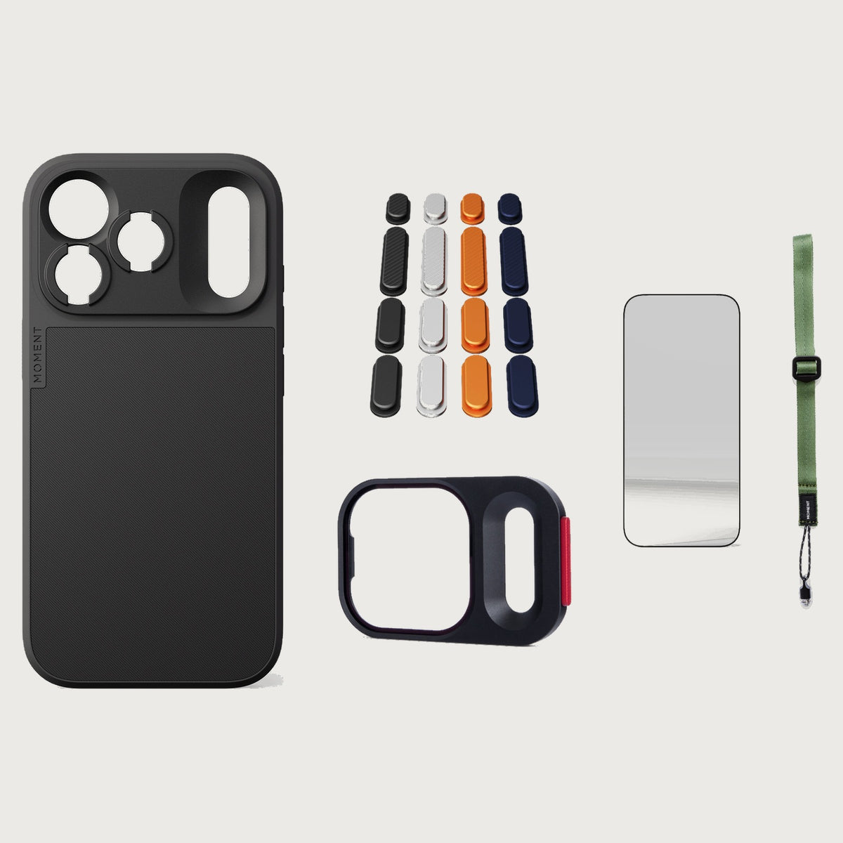iphone-18-pro-case-essentials — Black case, Apple 2025 Pack (Black/Silver/Orange/Navy), Olive wrist strap (AR glass + CineClear UV; no drop-in / no cleaning kit)