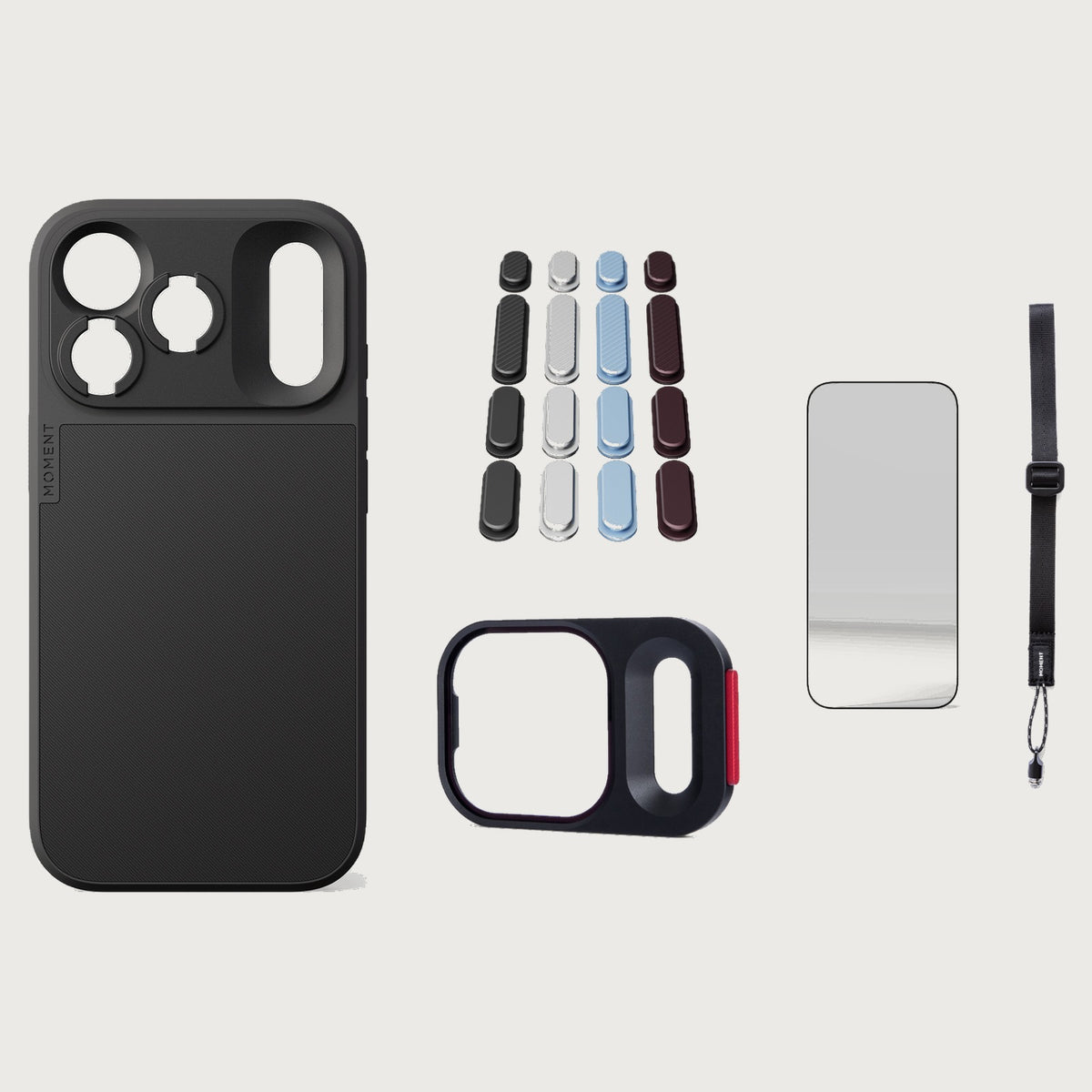 iphone-18-pro-case-essentials — Black case, Apple 2026 Pack (Black/Silver/Blue/Purple), Black wrist strap (AR glass + CineClear UV; no drop-in / no cleaning kit)