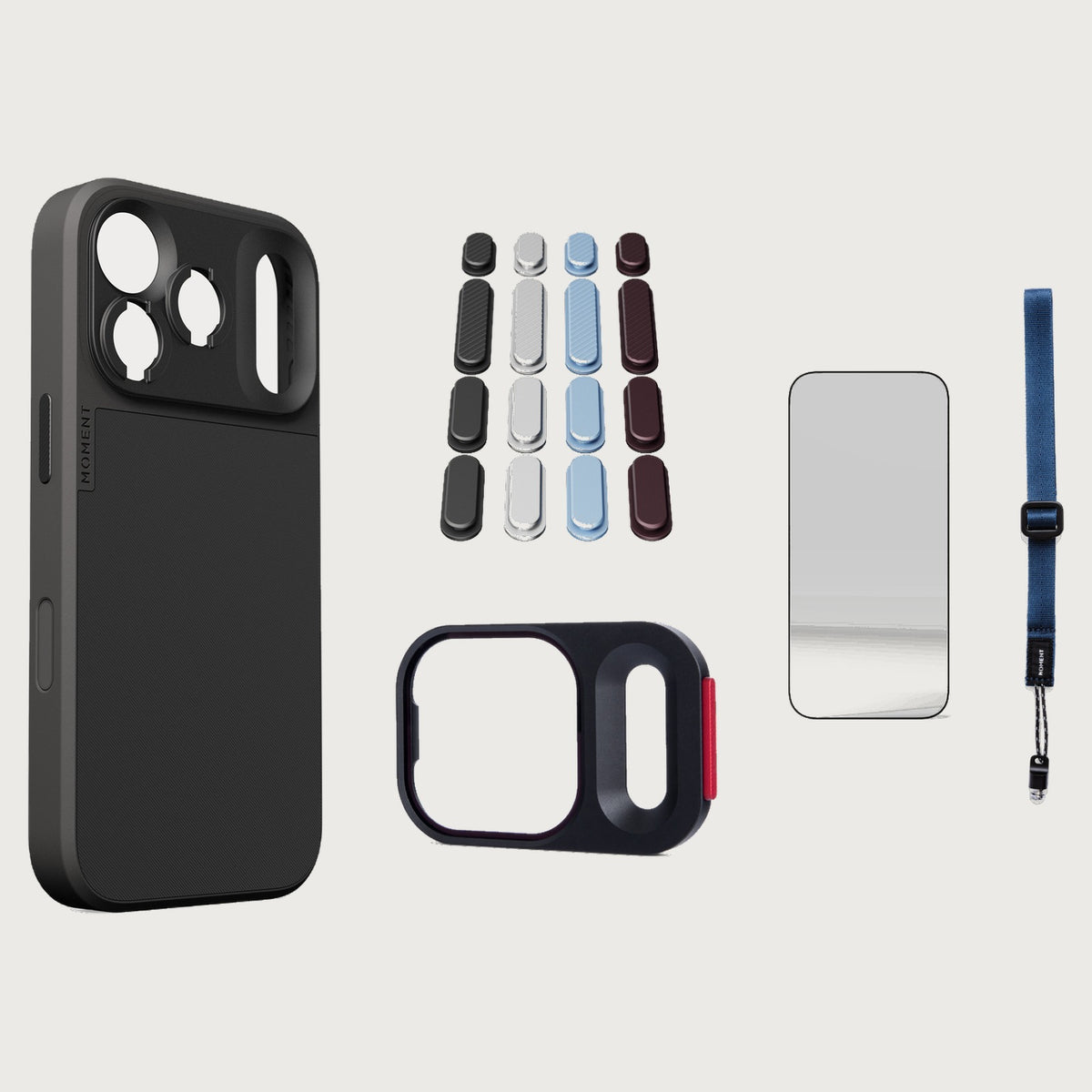 iphone-17-pro-case-essentials — Black case, Apple 2026 Pack, Indigo wrist strap