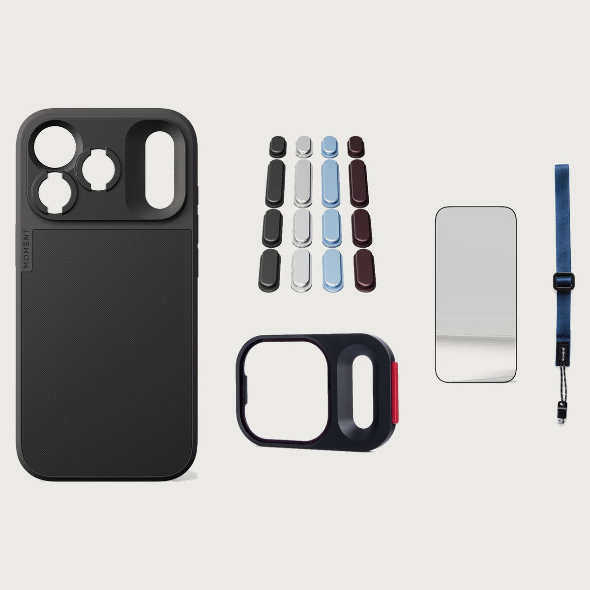 iphone-18-pro-case-essentials — Black case, Apple 2026 Pack (Black/Silver/Blue/Purple), Indigo wrist strap (AR glass + CineClear UV; no drop-in / no cleaning kit)