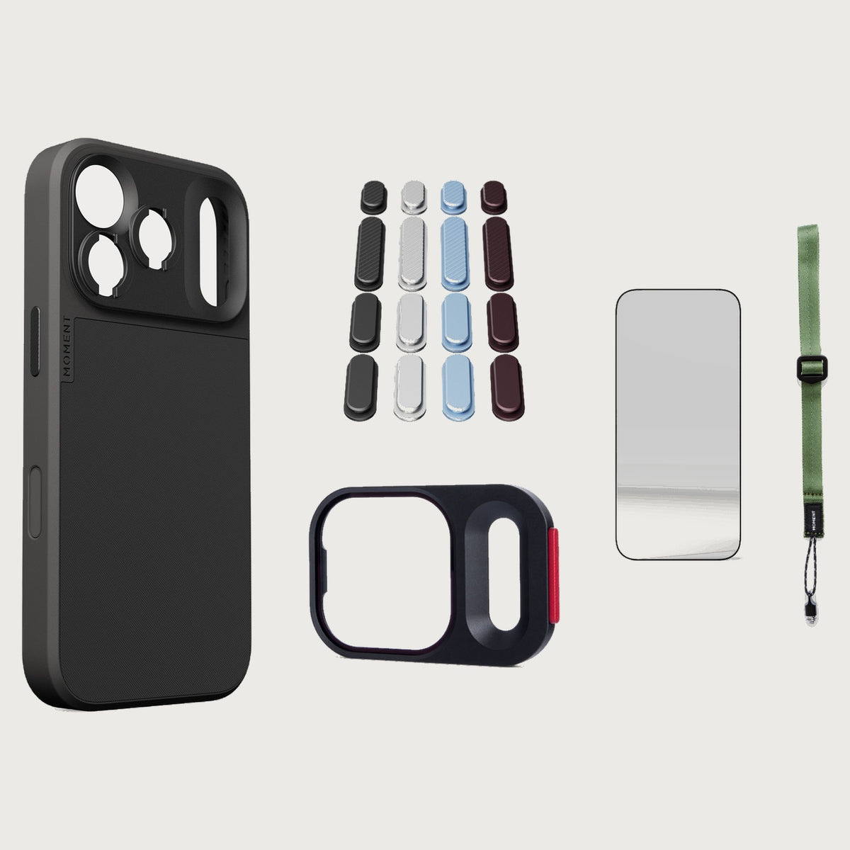 iphone-17-pro-case-essentials — Black case, Apple 2026 Pack, Olive wrist strap