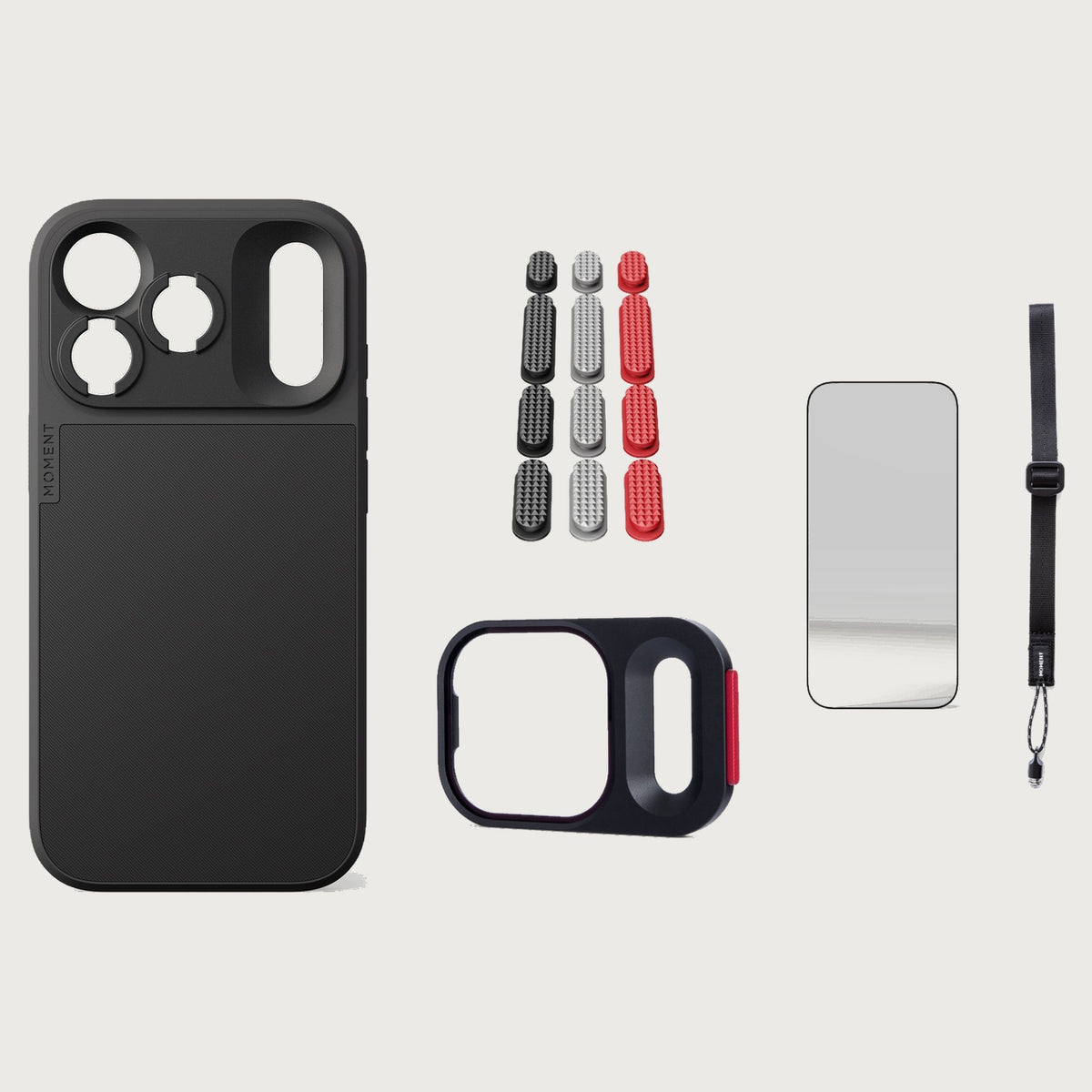 iphone-18-pro-case-essentials — Black case, Metal Grip Pack (Black/Silver/Red), Burgundy wrist strap (AR glass + CineClear UV; no drop-in / no cleaning kit)