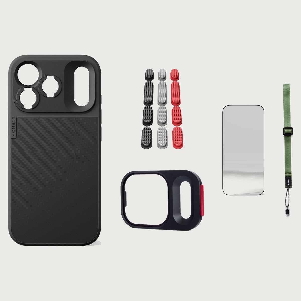 iphone-18-pro-case-essentials — Black case, Metal Grip Pack (Black/Silver/Red), Olive wrist strap (AR glass + CineClear UV; no drop-in / no cleaning kit)