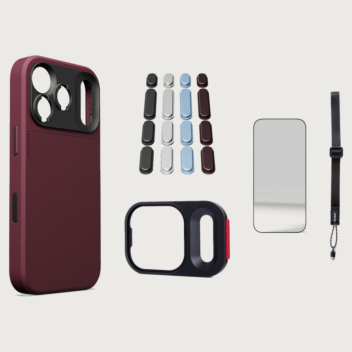 iphone-18-pro-case-essentials — Burgundy case, Apple 2026 Pack (Black/Silver/Blue/Purple), Black wrist strap (AR glass + CineClear UV; no drop-in / no cleaning kit)