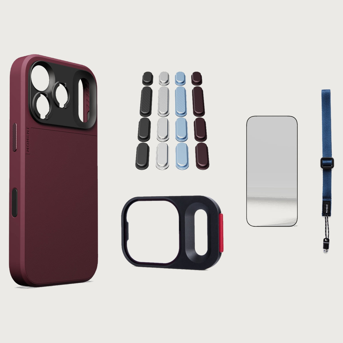 iphone-18-pro-case-essentials — Burgundy case, Apple 2026 Pack (Black/Silver/Blue/Purple), Indigo wrist strap (AR glass + CineClear UV; no drop-in / no cleaning kit)
