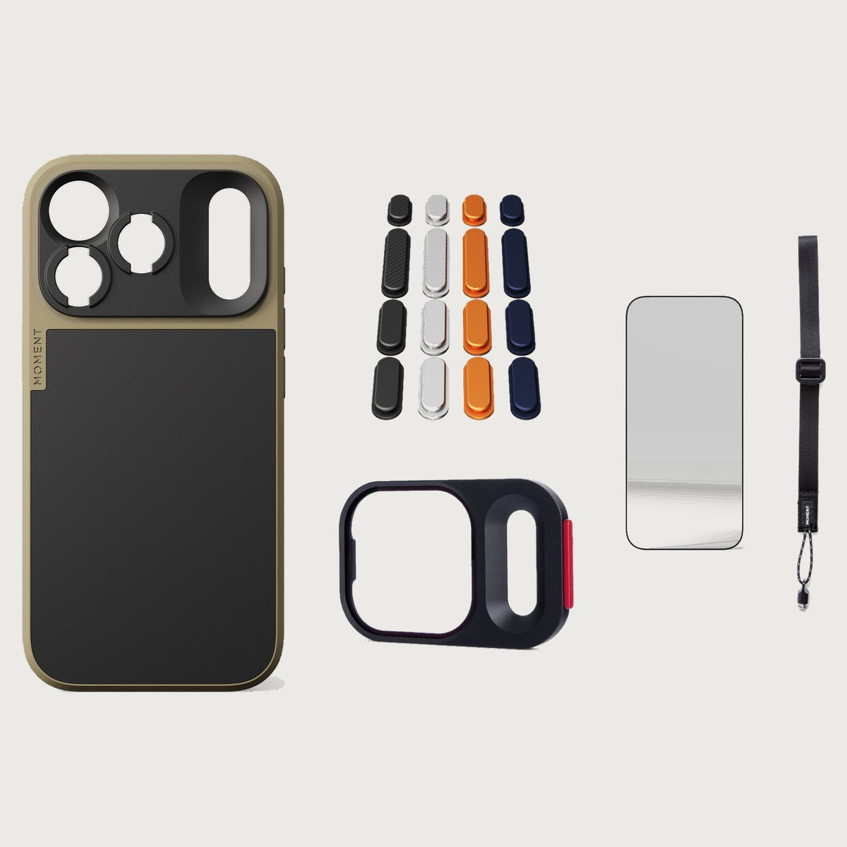 iphone-18-pro-case-essentials — Desert case, Apple 2025 Pack (Black/Silver/Orange/Navy), Desert wrist strap (AR glass + CineClear UV; no drop-in / no cleaning kit)