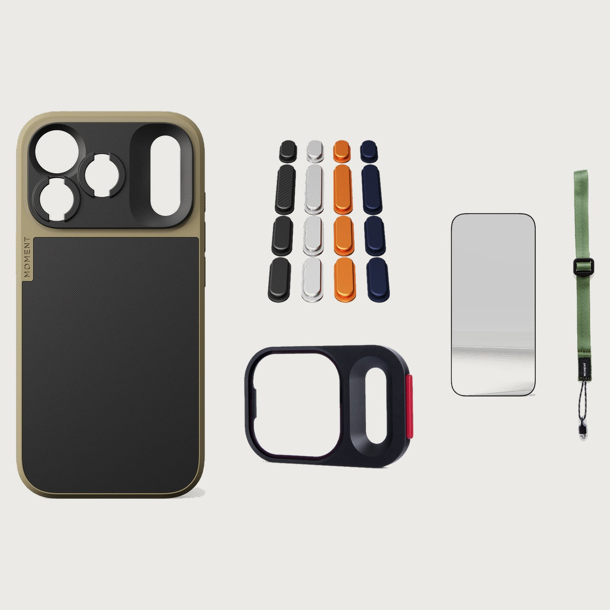 iphone-18-pro-case-essentials — Desert case, Apple 2025 Pack (Black/Silver/Orange/Navy), Olive wrist strap (AR glass + CineClear UV; no drop-in / no cleaning kit)