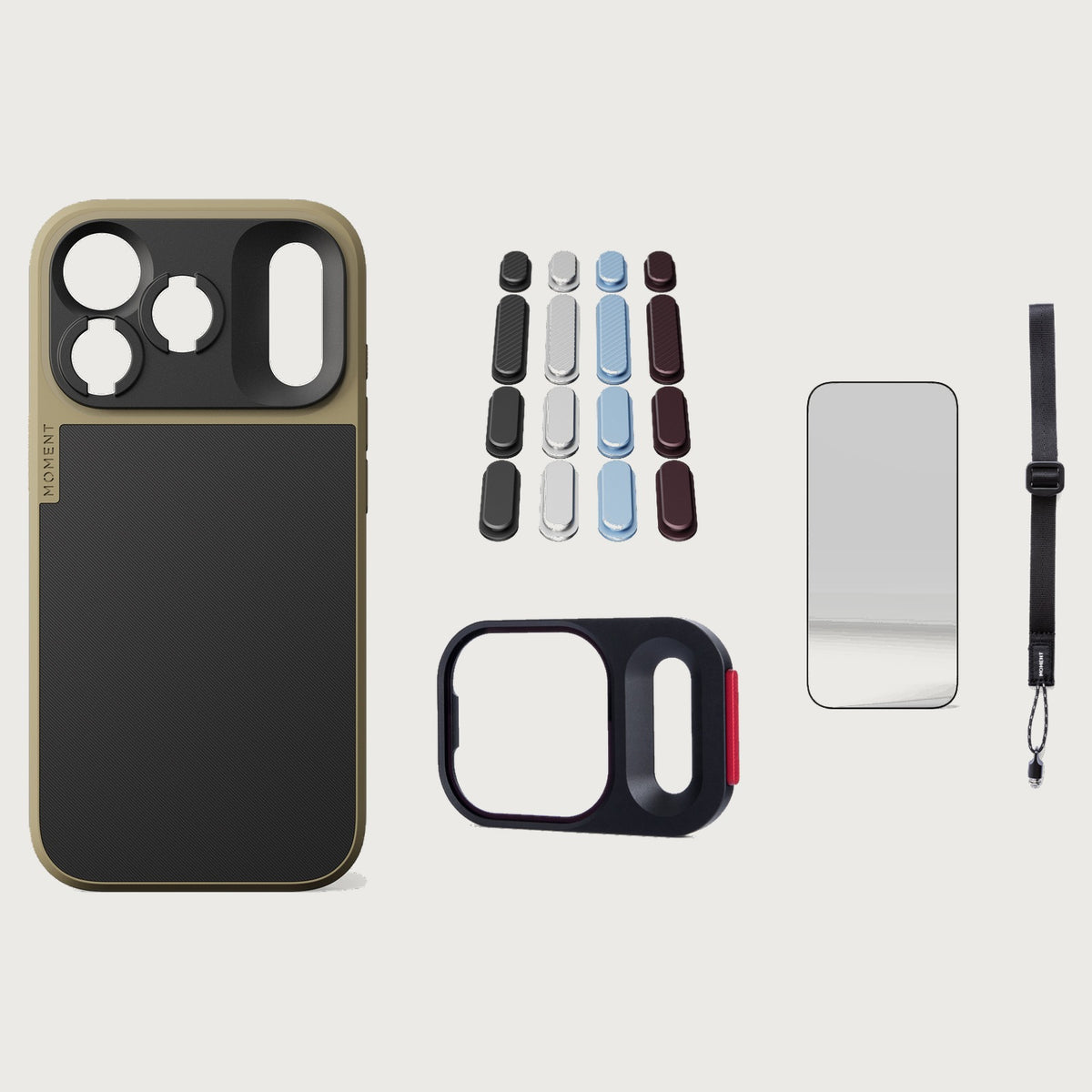 iphone-18-pro-case-essentials — Desert case, Apple 2026 Pack (Black/Silver/Blue/Purple), Desert wrist strap (AR glass + CineClear UV; no drop-in / no cleaning kit)