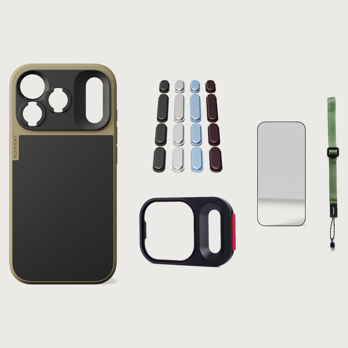 iphone-18-pro-case-essentials — Desert case, Apple 2026 Pack (Black/Silver/Blue/Purple), Olive wrist strap (AR glass + CineClear UV; no drop-in / no cleaning kit)