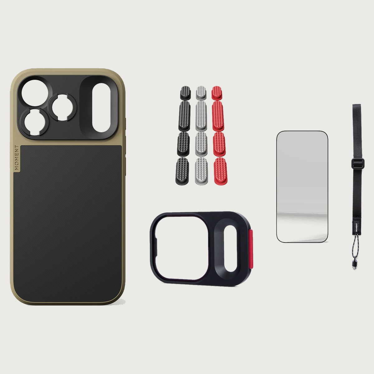 iphone-18-pro-case-essentials — Desert case, Metal Grip Pack (Black/Silver/Red), Black wrist strap (AR glass + CineClear UV; no drop-in / no cleaning kit)