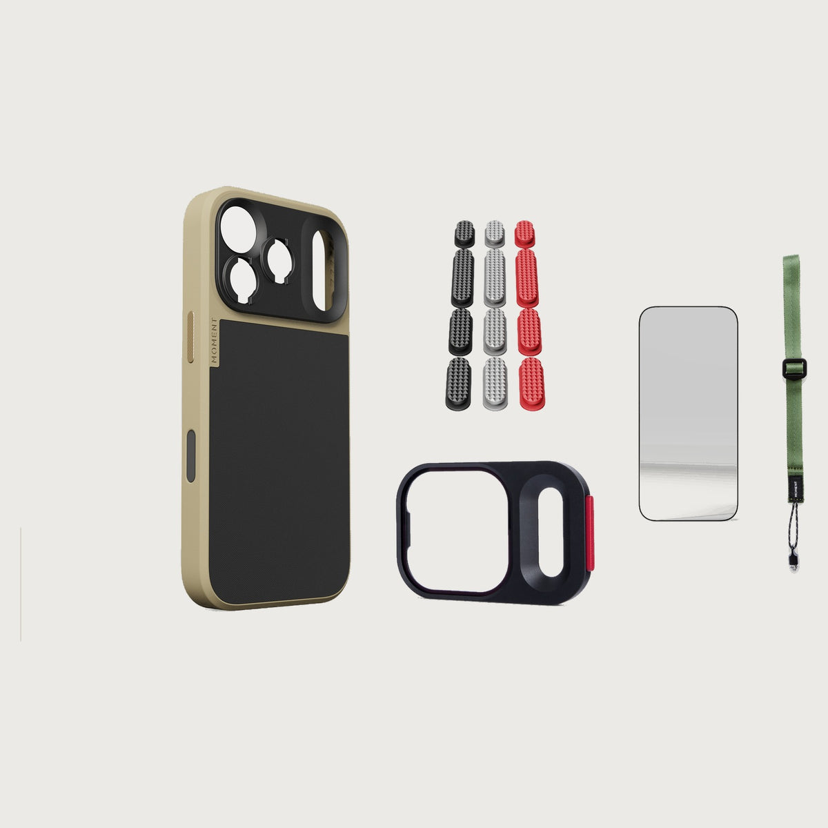 iphone-17-pro-case-essentials — Desert case, Metal Grip Pack, Olive wrist strap