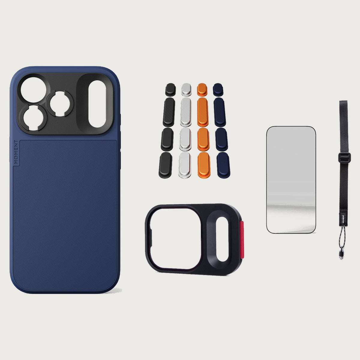 iphone-18-pro-case-essentials — Indigo case, Apple 2025 Pack (Black/Silver/Orange/Navy), Black wrist strap (AR glass + CineClear UV; no drop-in / no cleaning kit)