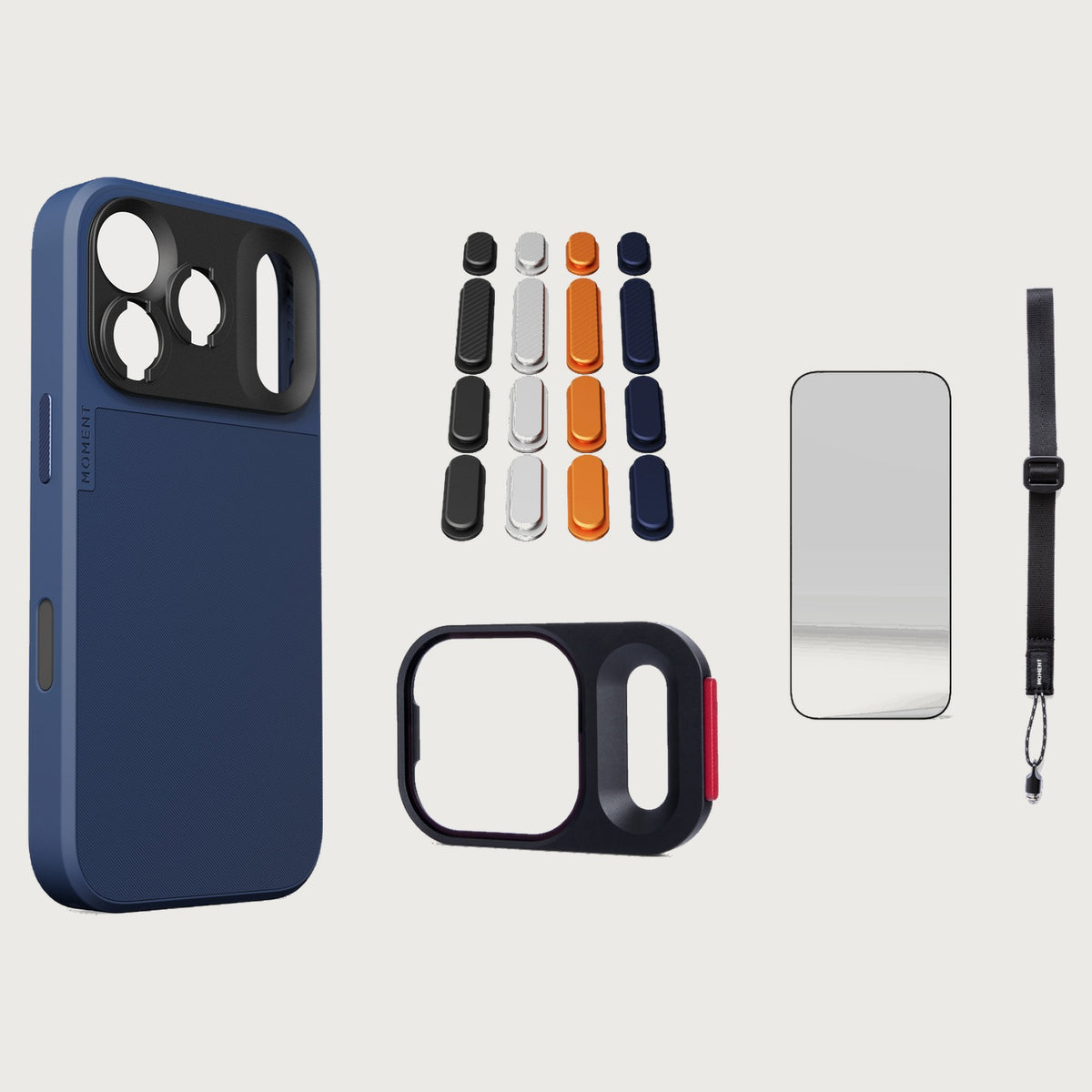 iphone-17-pro-case-essentials — Indigo case, Apple 2025 Pack, Desert wrist strap