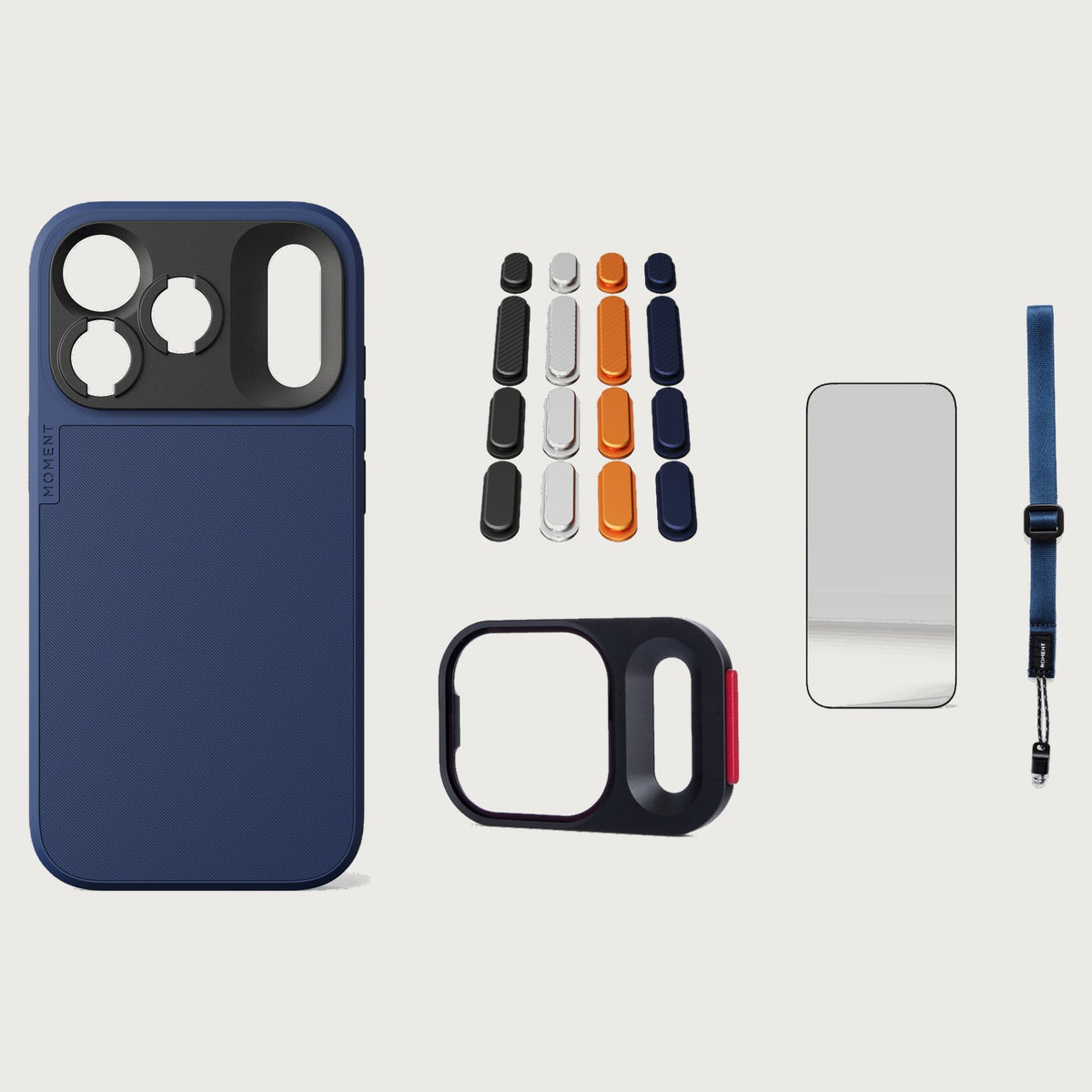iphone-18-pro-case-essentials — Indigo case, Apple 2025 Pack (Black/Silver/Orange/Navy), Indigo wrist strap (AR glass + CineClear UV; no drop-in / no cleaning kit)