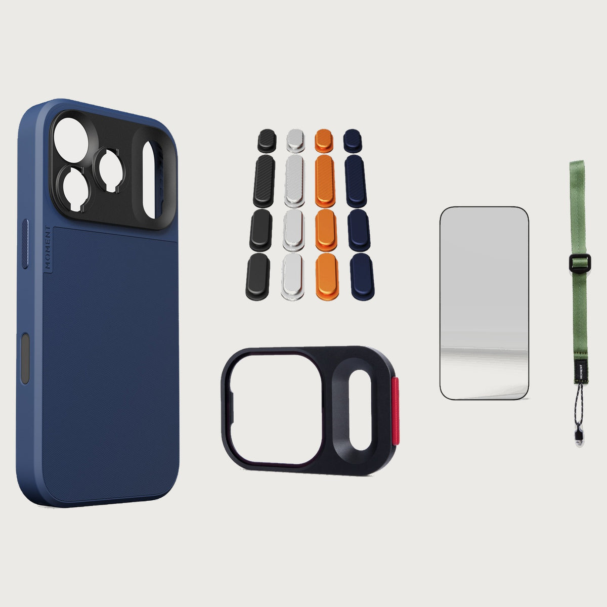 iphone-17-pro-case-essentials — Indigo case, Apple 2025 Pack, Olive wrist strap