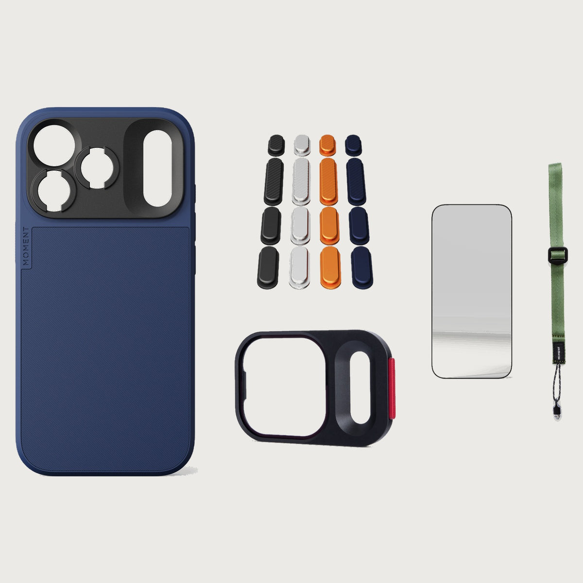iphone-18-pro-case-essentials — Indigo case, Apple 2025 Pack (Black/Silver/Orange/Navy), Olive wrist strap (AR glass + CineClear UV; no drop-in / no cleaning kit)