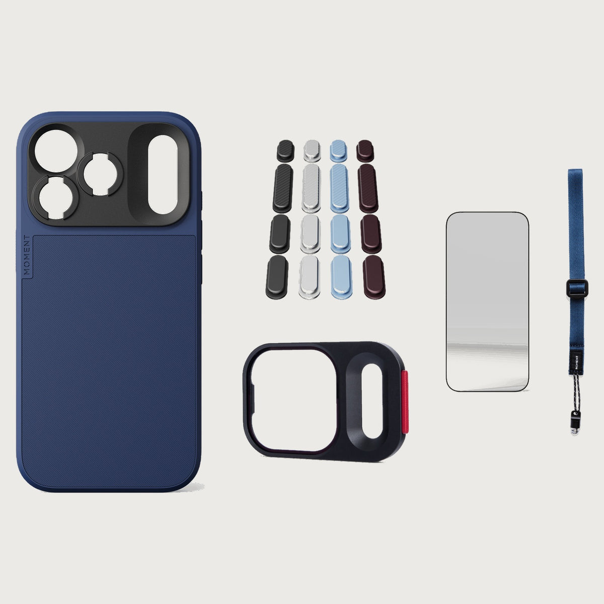 iphone-18-pro-case-essentials — Indigo case, Apple 2026 Pack (Black/Silver/Blue/Purple), Indigo wrist strap (AR glass + CineClear UV; no drop-in / no cleaning kit)