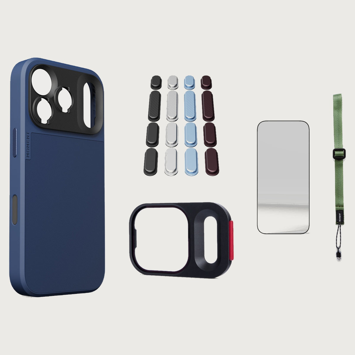 iphone-17-pro-case-essentials — Indigo case, Apple 2026 Pack, Olive wrist strap