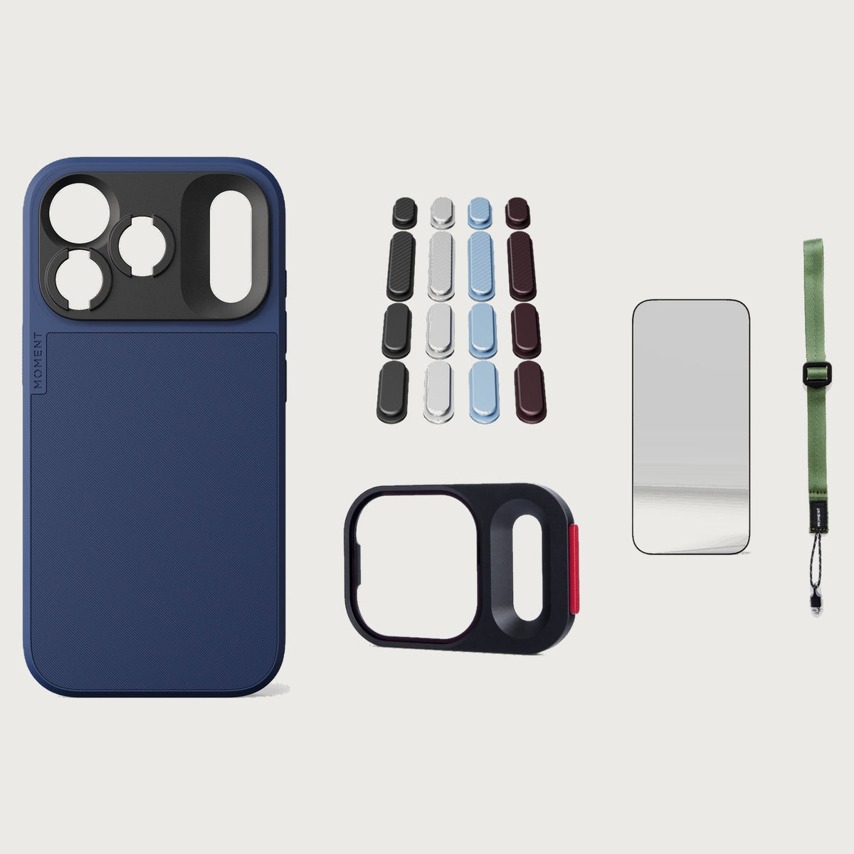 iphone-18-pro-case-essentials — Indigo case, Apple 2026 Pack (Black/Silver/Blue/Purple), Olive wrist strap (AR glass + CineClear UV; no drop-in / no cleaning kit)