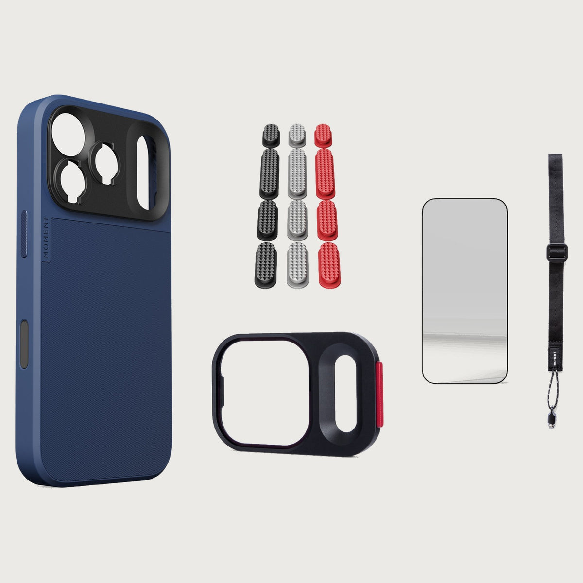 iphone-17-pro-case-essentials — Indigo case, Metal Grip Pack, Black wrist strap