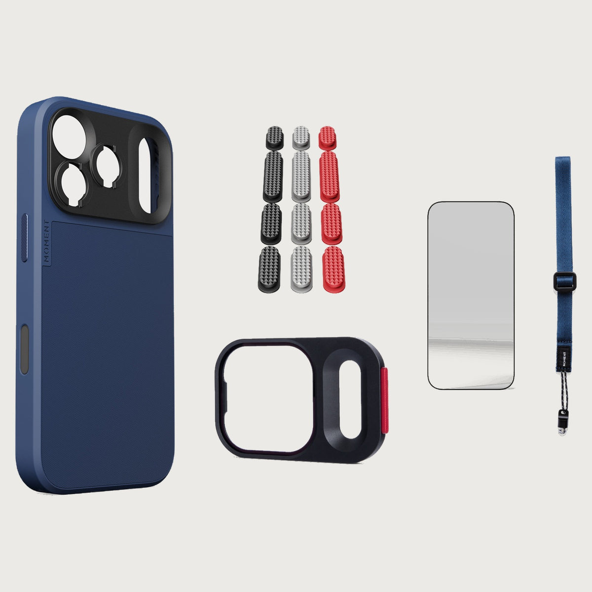 iphone-17-pro-case-essentials — Indigo case, Metal Grip Pack, Indigo wrist strap