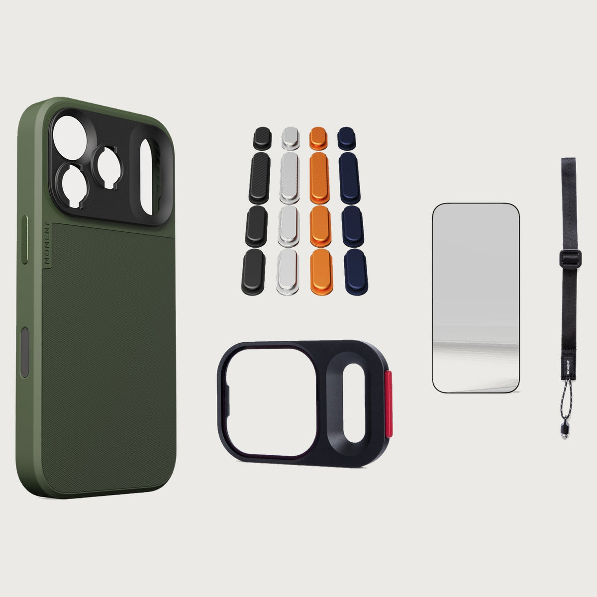 iphone-17-pro-case-essentials — Olive case, Apple 2025 Pack, Desert wrist strap