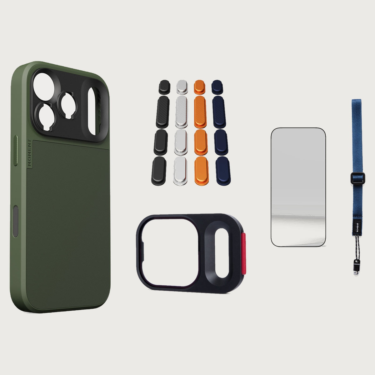 iphone-17-pro-case-essentials — Olive case, Apple 2025 Pack, Indigo wrist strap