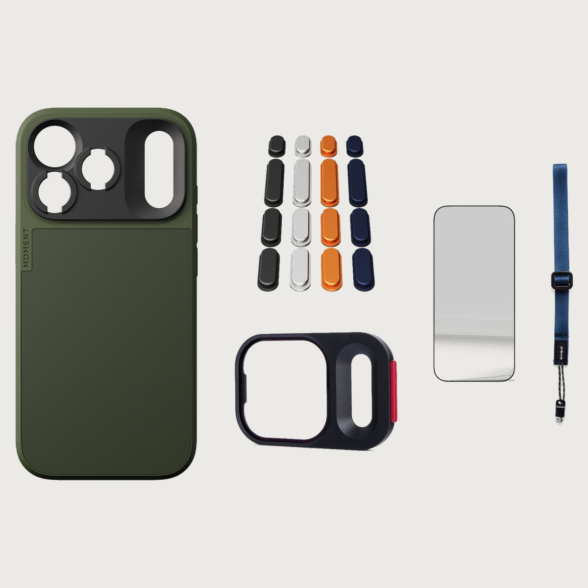 iphone-18-pro-case-essentials — Olive case, Apple 2025 Pack (Black/Silver/Orange/Navy), Indigo wrist strap (AR glass + CineClear UV; no drop-in / no cleaning kit)