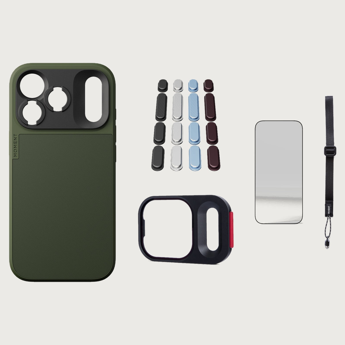 iphone-18-pro-case-essentials — Olive case, Apple 2026 Pack (Black/Silver/Blue/Purple), Burgundy wrist strap (AR glass + CineClear UV; no drop-in / no cleaning kit)