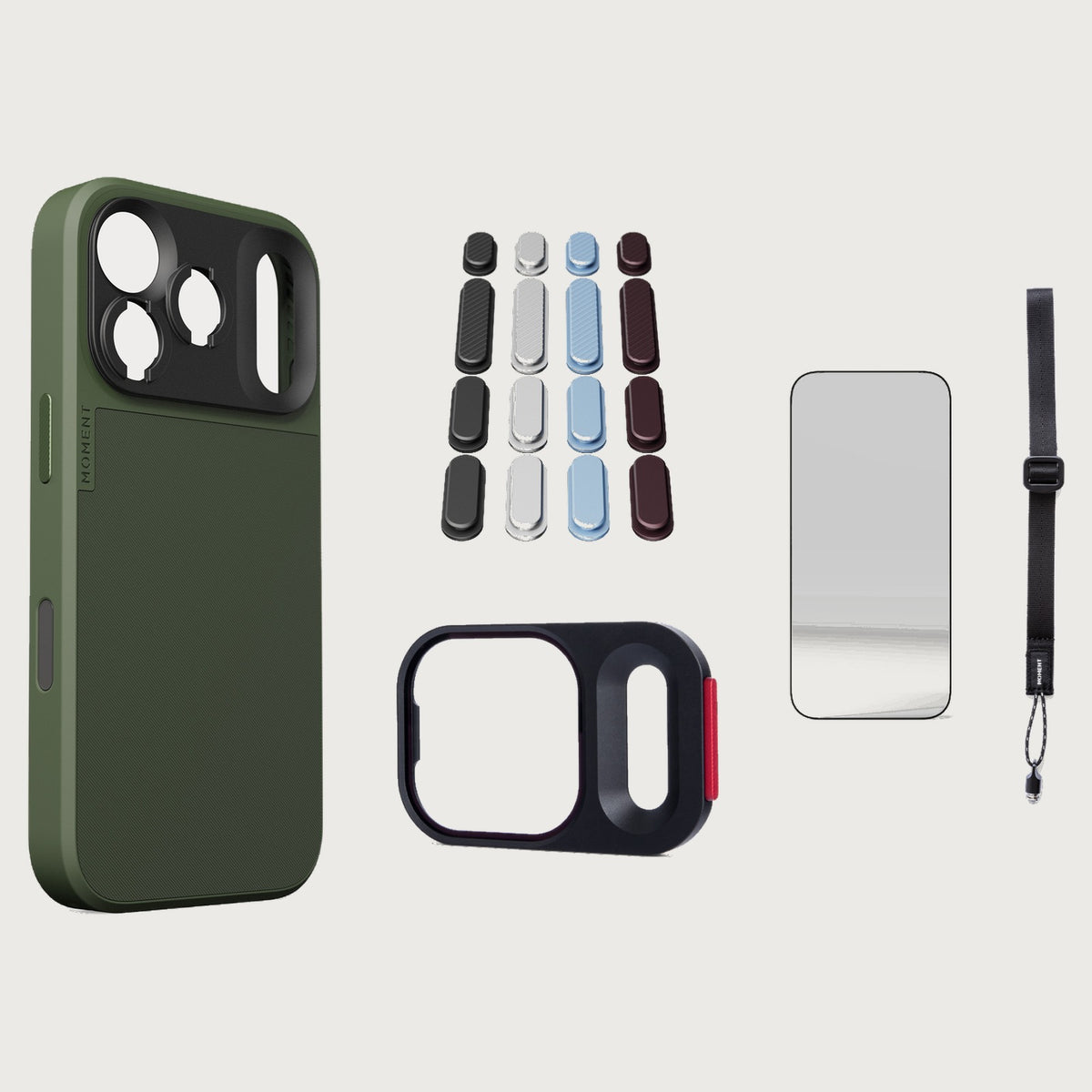 iphone-17-pro-case-essentials — Olive case, Apple 2026 Pack, Desert wrist strap