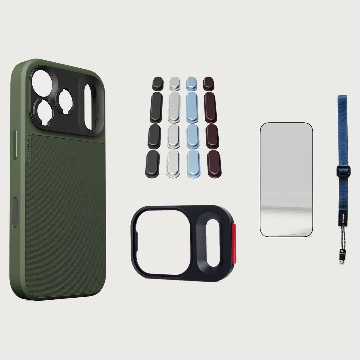 iphone-17-pro-case-essentials — Olive case, Apple 2026 Pack, Indigo wrist strap