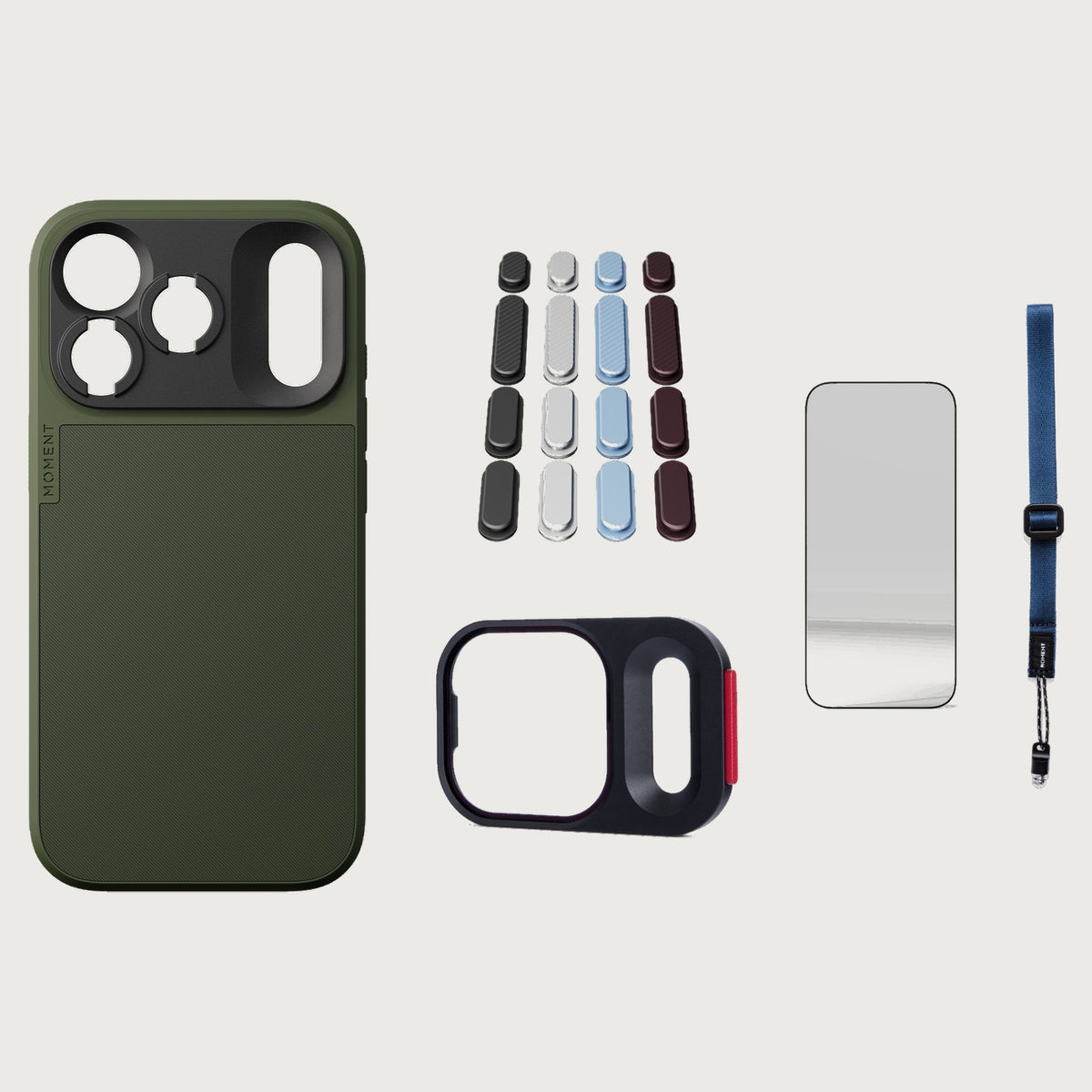 iphone-18-pro-case-essentials — Olive case, Apple 2026 Pack (Black/Silver/Blue/Purple), Indigo wrist strap (AR glass + CineClear UV; no drop-in / no cleaning kit)