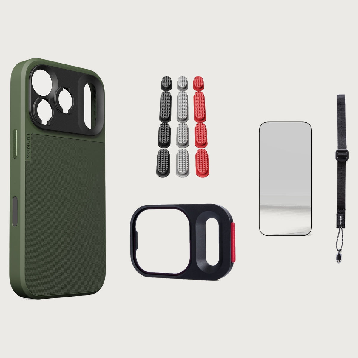 iphone-17-pro-case-essentials — Olive case, Metal Grip Pack, Burgundy wrist strap