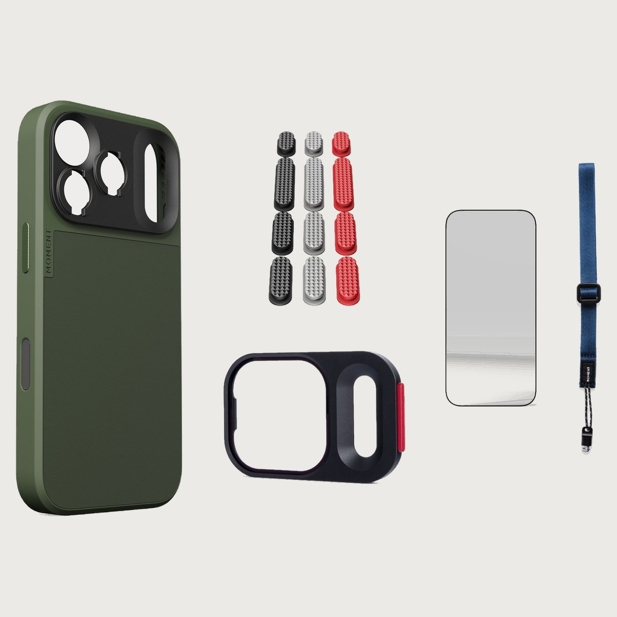 iphone-17-pro-case-essentials — Olive case, Metal Grip Pack, Indigo wrist strap