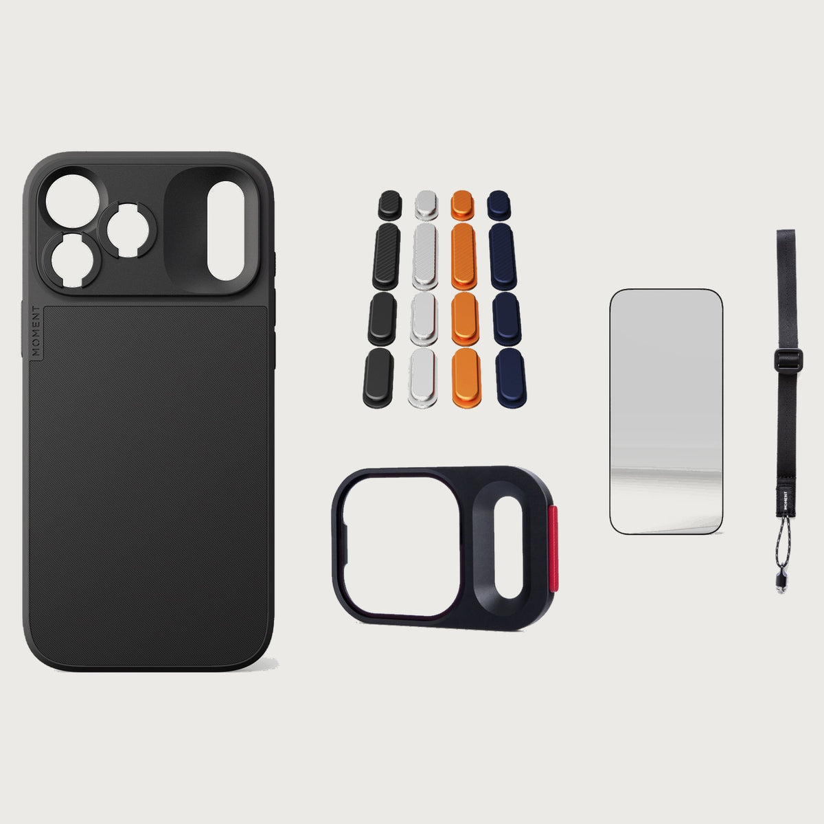 iphone-18-pro-max-case-essentials — Black case, Apple 2025 Pack (Black/Silver/Orange/Navy), Black wrist strap (AR glass + CineClear UV; no drop-in / no cleaning kit)