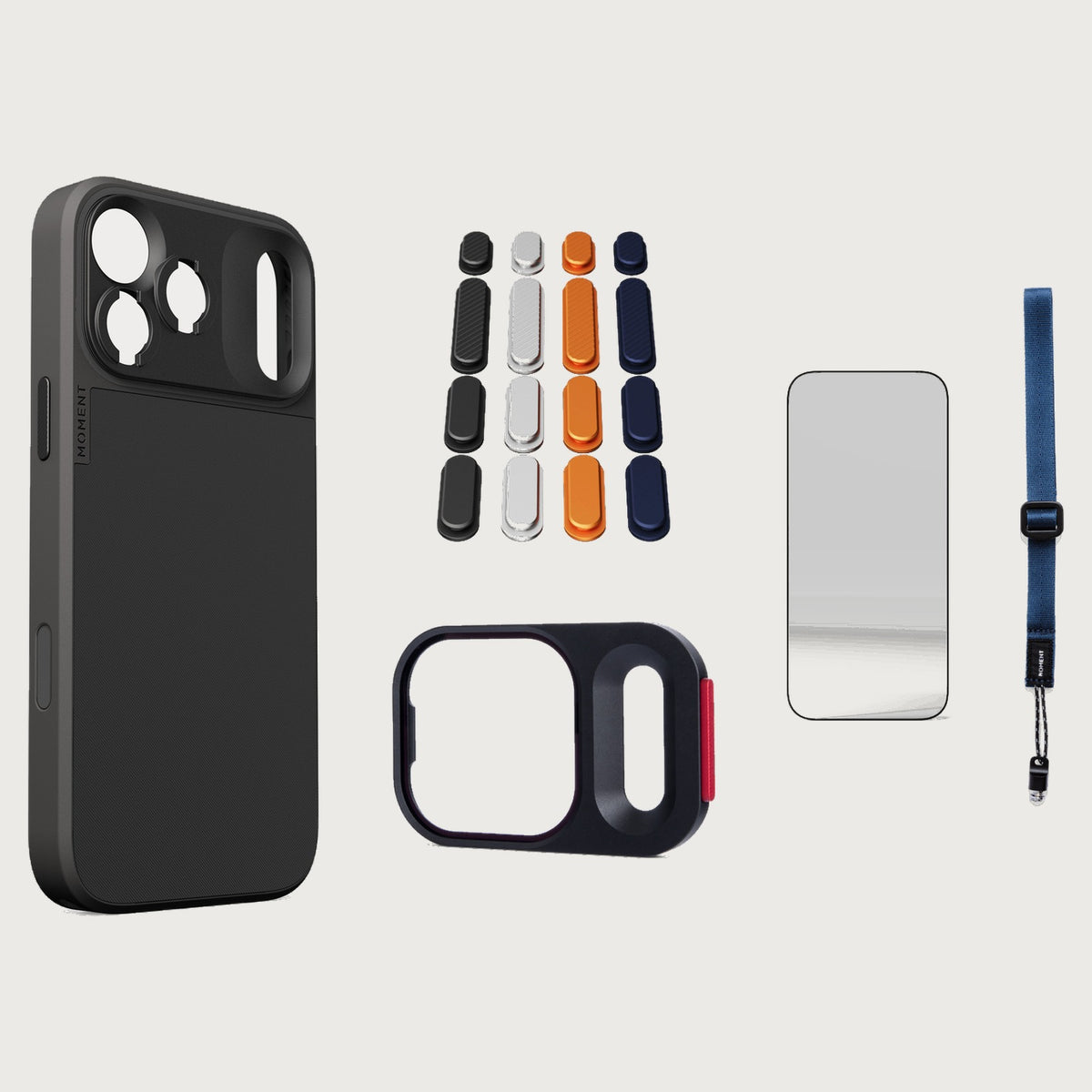 iphone-17-pro-max-case-essentials — Black case, Apple 2025 Pack, Indigo wrist strap