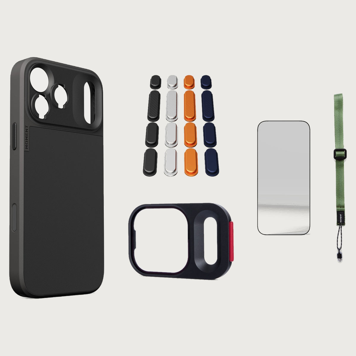 iphone-17-pro-max-case-essentials — Black case, Apple 2025 Pack, Olive wrist strap