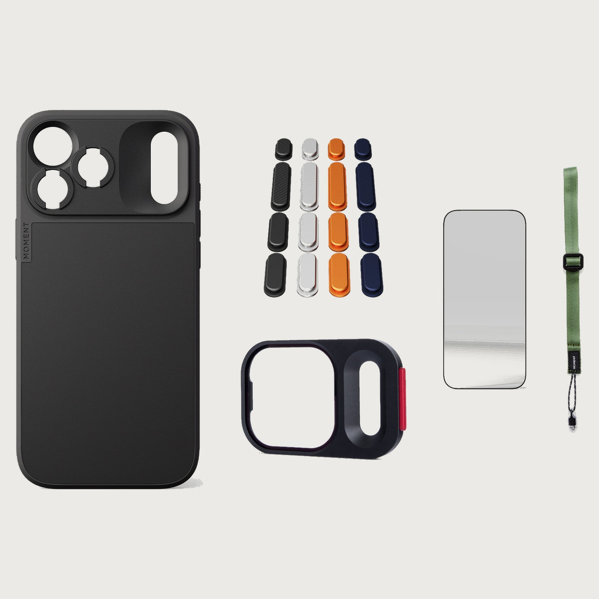 iphone-18-pro-max-case-essentials — Black case, Apple 2025 Pack (Black/Silver/Orange/Navy), Olive wrist strap (AR glass + CineClear UV; no drop-in / no cleaning kit)
