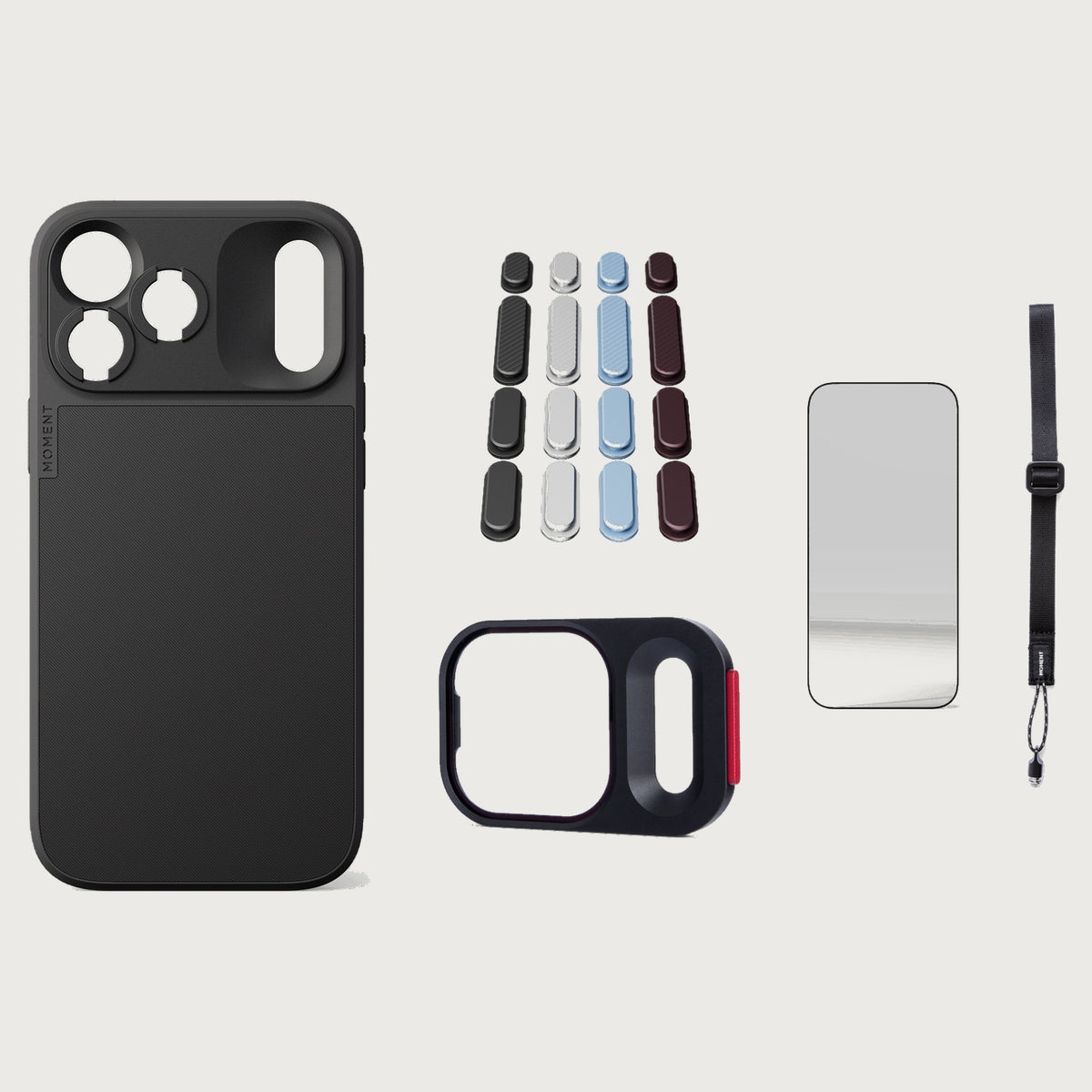 iphone-18-pro-max-case-essentials — Black case, Apple 2026 Pack (Black/Silver/Blue/Purple), Black wrist strap (AR glass + CineClear UV; no drop-in / no cleaning kit)