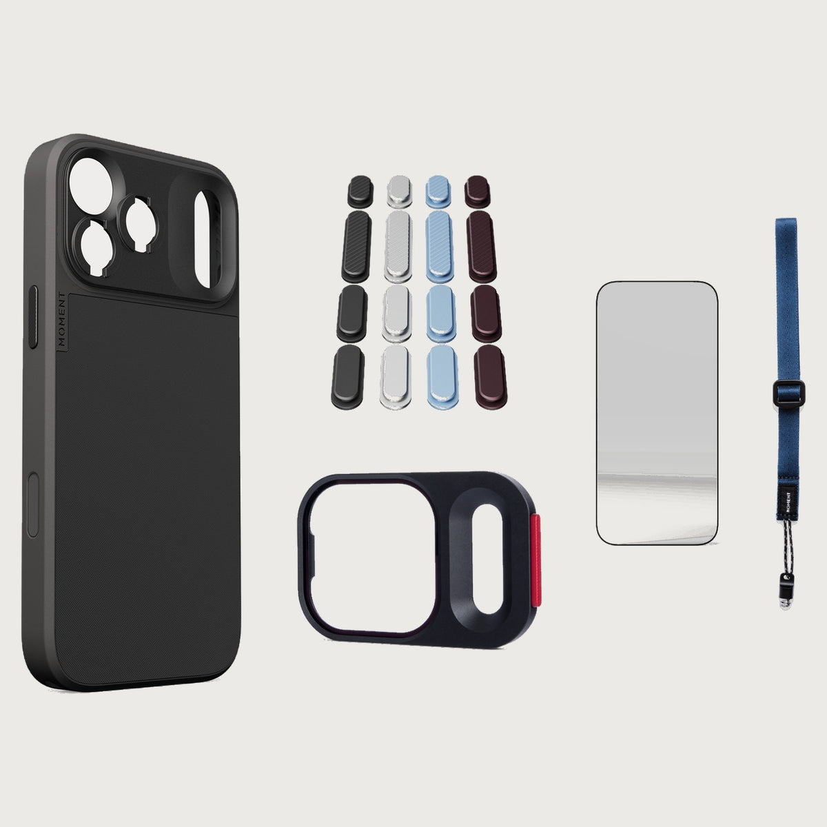iphone-17-pro-max-case-essentials — Black case, Apple 2026 Pack, Indigo wrist strap