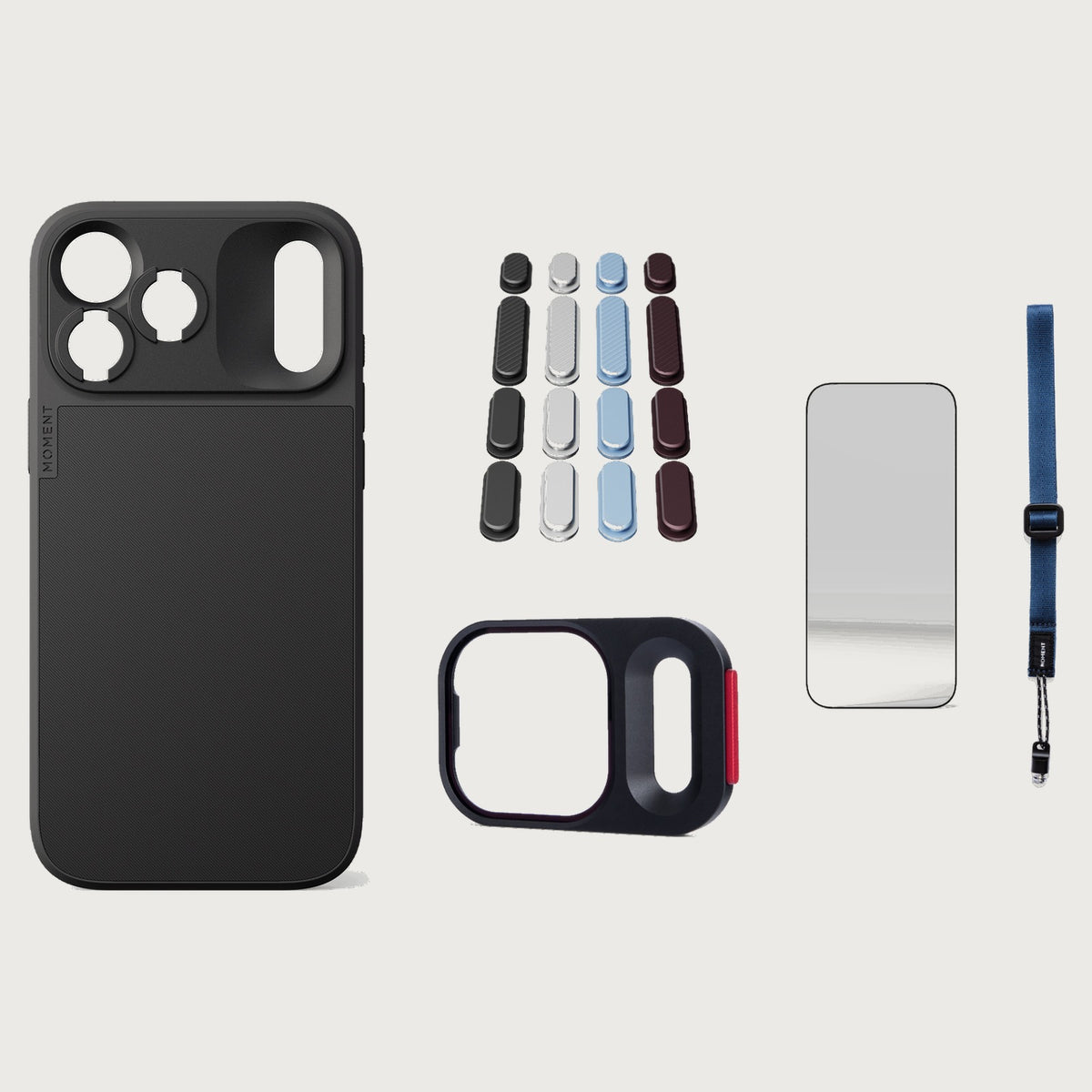 iphone-18-pro-max-case-essentials — Black case, Apple 2026 Pack (Black/Silver/Blue/Purple), Indigo wrist strap (AR glass + CineClear UV; no drop-in / no cleaning kit)