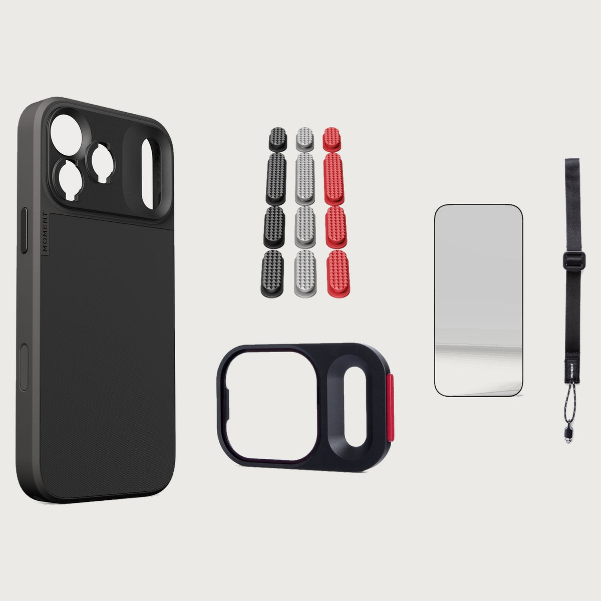 iphone-17-pro-max-case-essentials — Black case, Metal Grip Pack, Burgundy wrist strap