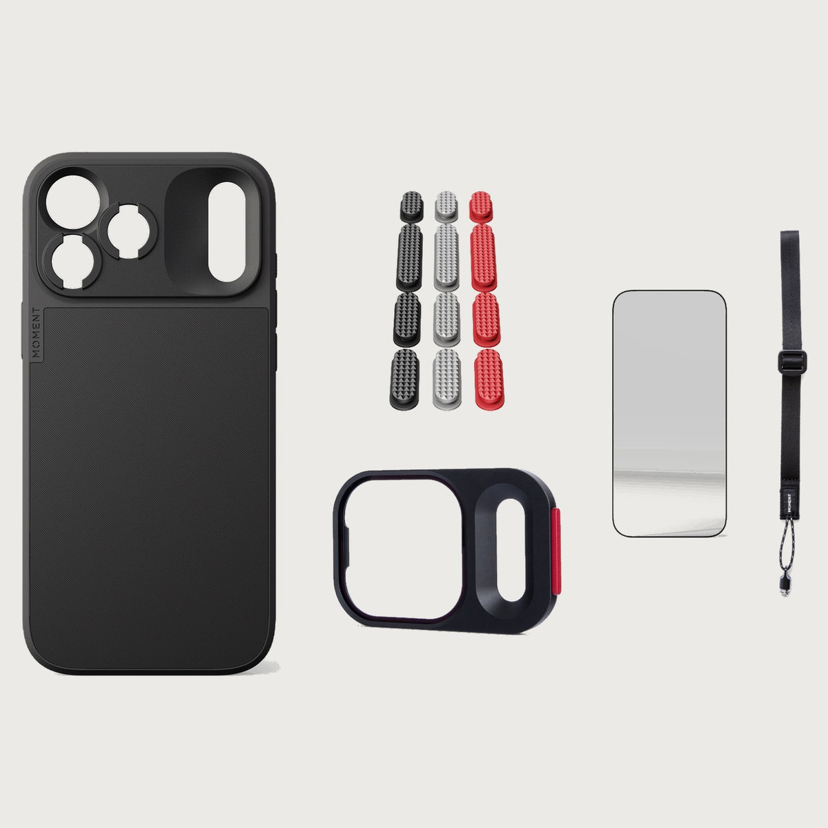 iphone-18-pro-max-case-essentials — Black case, Metal Grip Pack (Black/Silver/Red), Desert wrist strap (AR glass + CineClear UV; no drop-in / no cleaning kit)