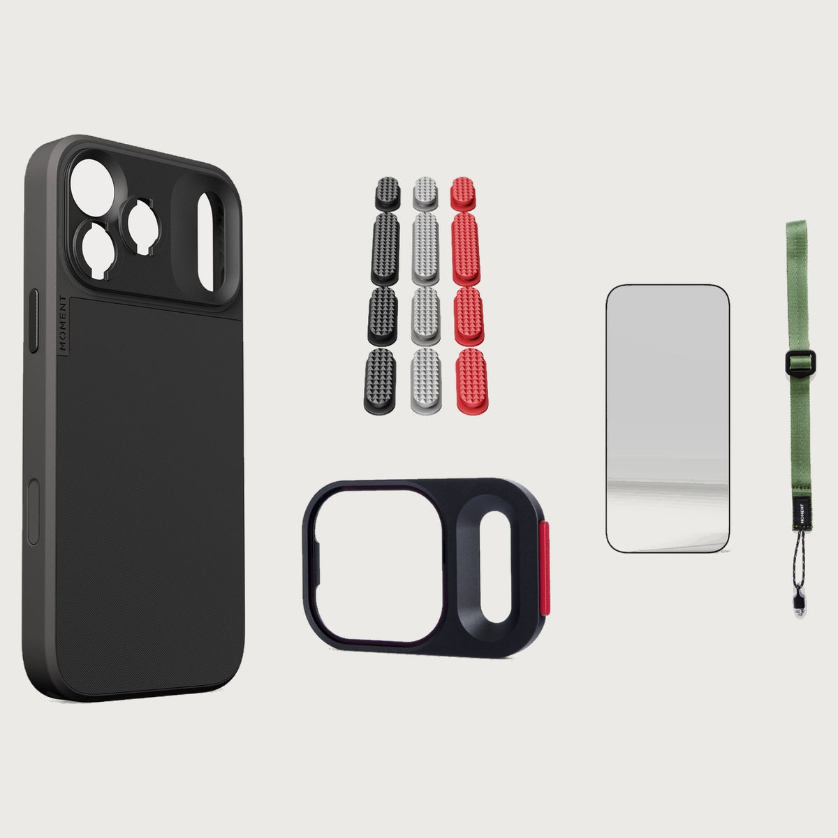 iphone-17-pro-max-case-essentials — Black case, Metal Grip Pack, Olive wrist strap