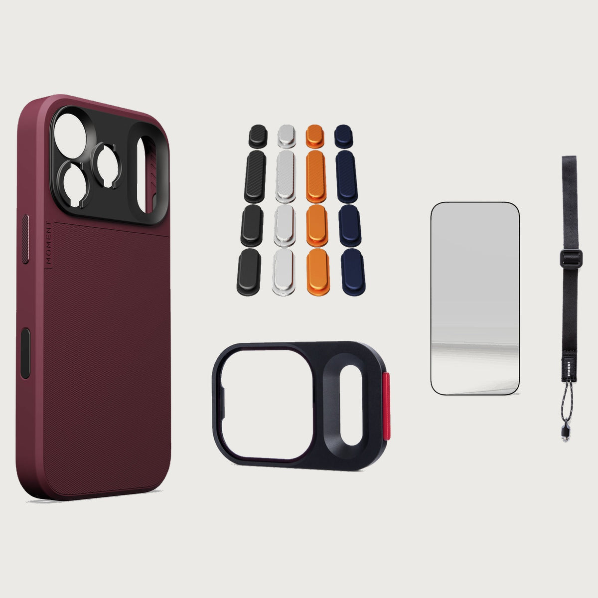 iphone-18-pro-max-case-essentials — Burgundy case, Apple 2025 Pack (Black/Silver/Orange/Navy), Burgundy wrist strap (AR glass + CineClear UV; no drop-in / no cleaning kit)