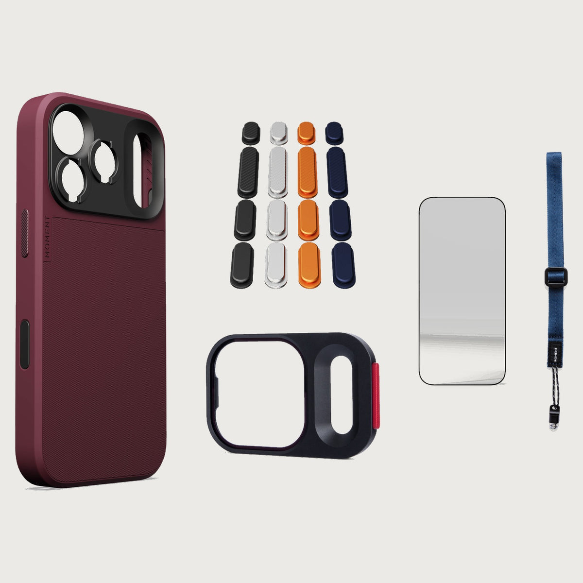 iphone-18-pro-max-case-essentials — Burgundy case, Apple 2025 Pack (Black/Silver/Orange/Navy), Indigo wrist strap (AR glass + CineClear UV; no drop-in / no cleaning kit)