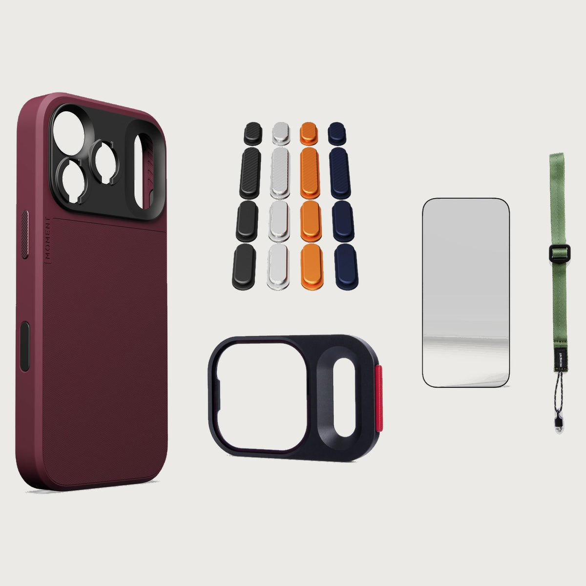 iphone-18-pro-max-case-essentials — Burgundy case, Apple 2025 Pack (Black/Silver/Orange/Navy), Olive wrist strap (AR glass + CineClear UV; no drop-in / no cleaning kit)