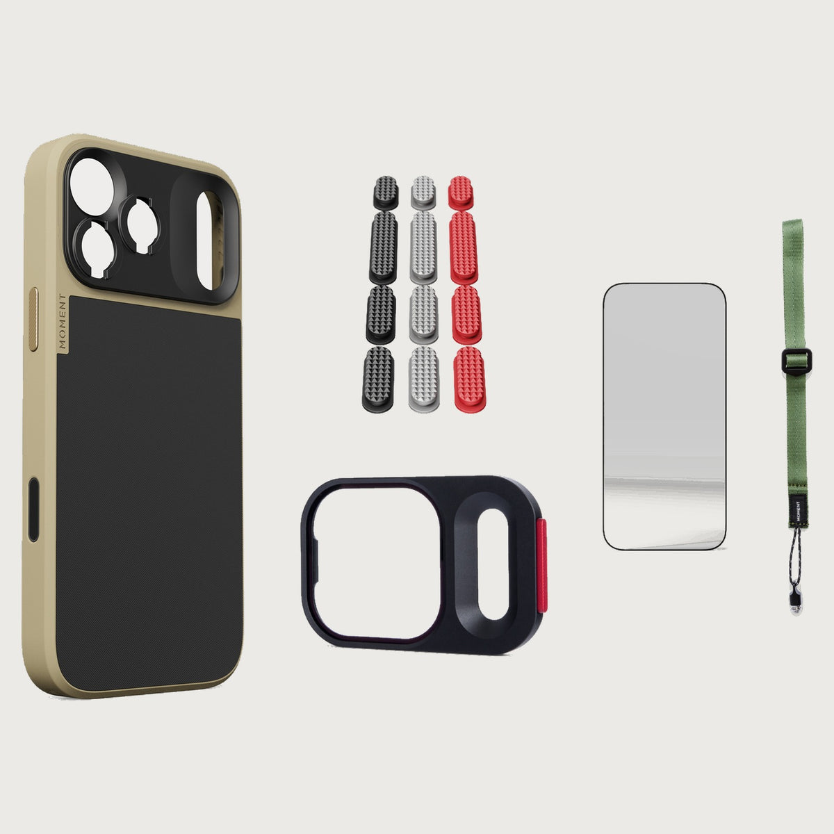 iphone-17-pro-max-case-essentials — Desert case, Metal Grip Pack, Olive wrist strap
