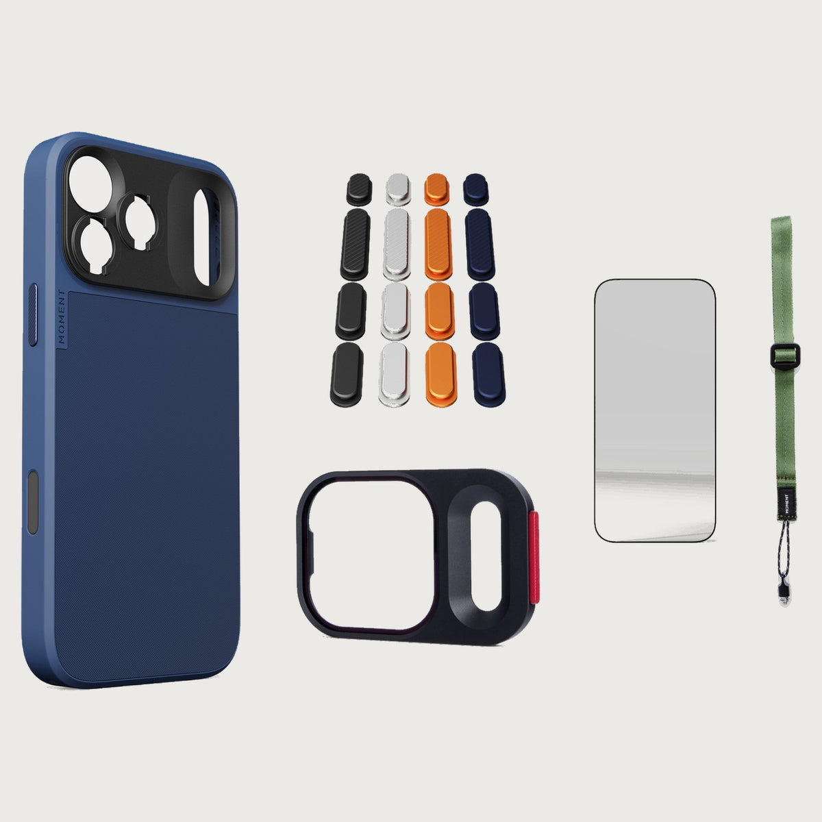 iphone-17-pro-max-case-essentials — Indigo case, Apple 2025 Pack, Olive wrist strap